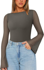REORIA Women's Trendy Sexy Boat Neck Bell Sleeve Sheer Mesh Going Out Bodysuit Tops