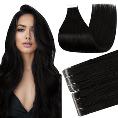 Full Shine Tape in Hair Extensions Human Hair 18Inch Remy Tape ins Human Hair Extensions Color 1 Jet Black Fashion Extension, Seamless Silky Straight Skin Weft 20Pcs 50G Add Length for Wedding