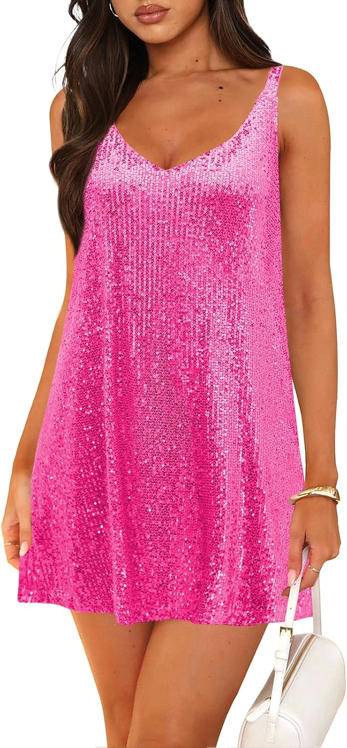 Women's Sequin Dress for Women Sparkly Glitter V Neck Shift Cocktail Disco Outfit Party Club Night Out Mini Dresses
