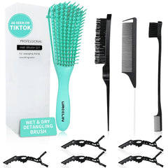 Detangler Brush Set for 3a,4c,Wig/Thick/Wavy/Curly/Wet Slick Back Hair Brushes,Rat Tail Combs,8-Row,Edge Brush,For braiding,teasing,parting,styling,kids,girls,women(Pink)