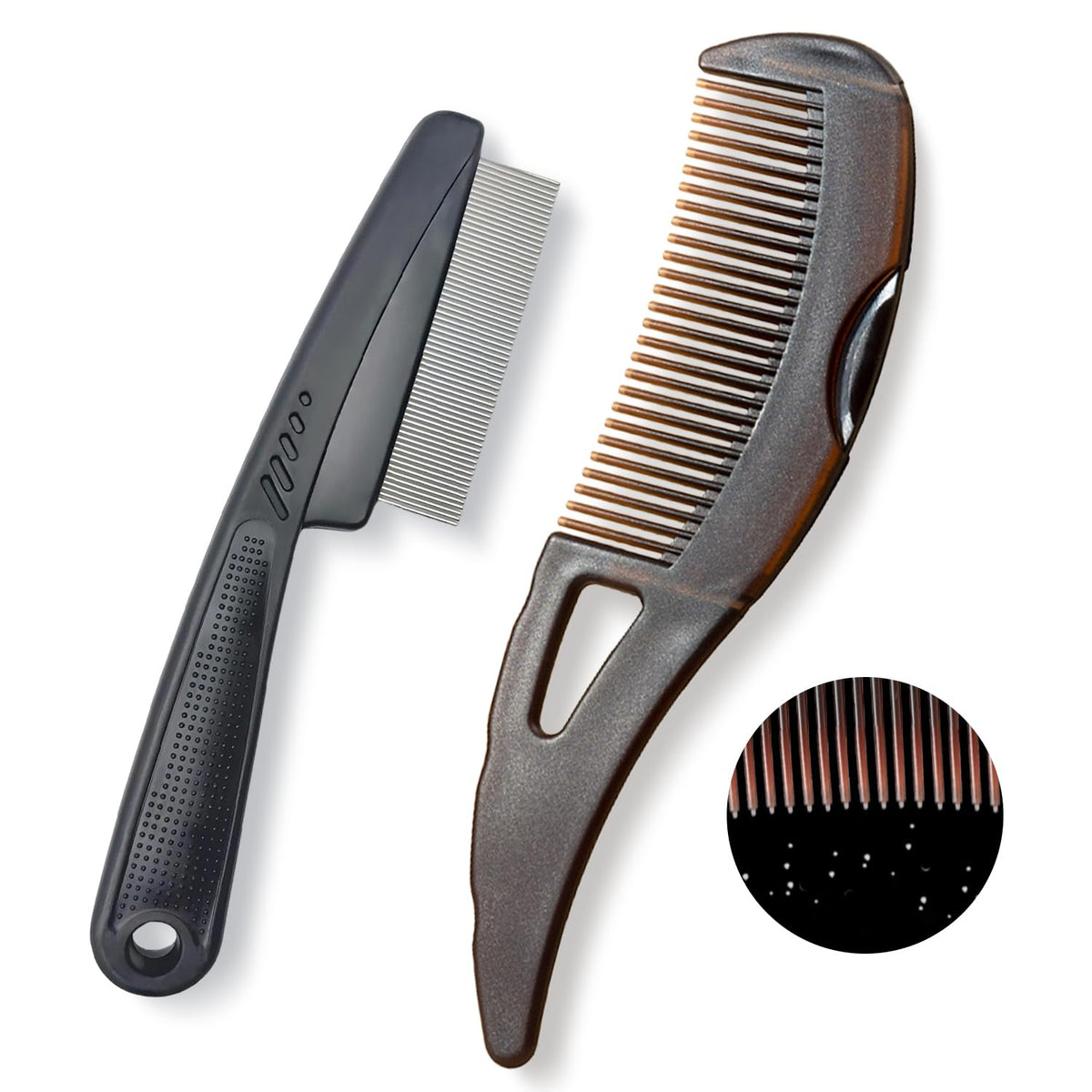 Dandruff Comb, Stainless Steel Fine Tooth Lice/Flea/Psoriasis Comb, Scalp Oil Buildup Removal Wide Hollow Tooth Button Hairbrush for Scalp Massage Care for Man Women and Kids (Brown)