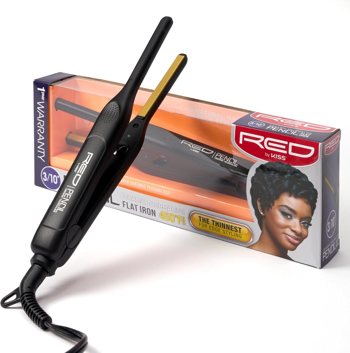 RED by KISS 0.3 Inch Pencil Flat Iron with Ceramic Tourmaline, Hair Straightener for Thin and Short Hair Edge Styling, Even Heat Distribution with Fast Heat Up 450° F Max Temperature, Black