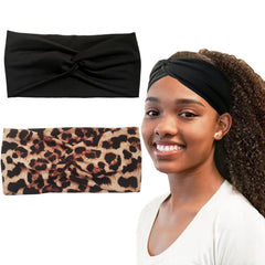 Hjiaruiky 2Pcs Turban Headbands for Women Boho Stretchy Fashion Headbands Fabric Twist Knotted Cloth Cute Thick Headband Head Wraps for Womens Girls Black Leopard
