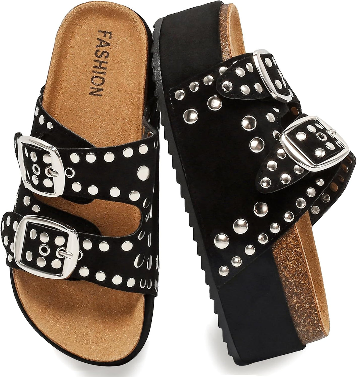 Women's Platform Sandals With Cork Footbed Adjustable Double Buckle Suede Chunky Sandals for Summer Shoes Fashion Thick Soled Mules Slides Beach Wide Widths Studded Sandals Walking Footwear