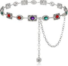 Women Western Concho Chain Belt Vintage Rhinestone Gems Boho Metal Waist Chain Jeans Dress Daily Concert Halloween