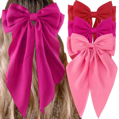 3Pcs Silky Satin Hair Bows for Women, Large Hair Barrettes, French Cute Hair Clips with Long Tails, Mexican Accessories (Beige, Khaki, Black)