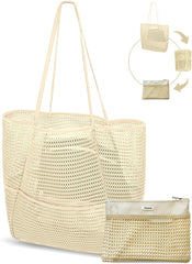 Mesh Beach Tote Bag Packable,2025 New 2-in-1 Large Lightweight Foldable Beach Bags with Multiple Pockets for Women