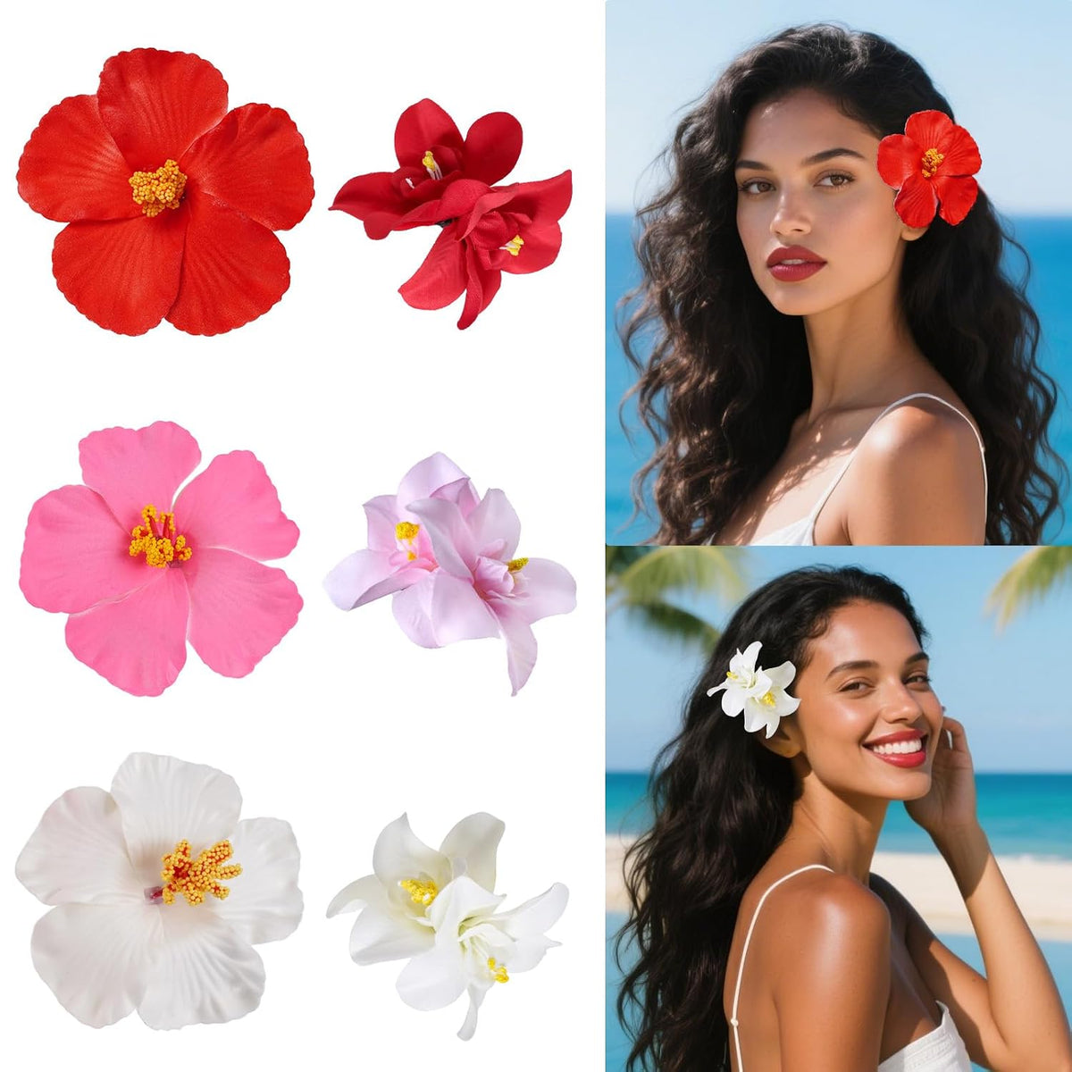 6 Pcs Hawaiian Flower Hair Clips for Women, Plumeria Hibiscus Hair Clip Artificial Flower Clips 3.5 Inch Floral Hair Barrettes for Summer Vacation Beach Party Girls Holiday Gifts (White, Red, Orange)