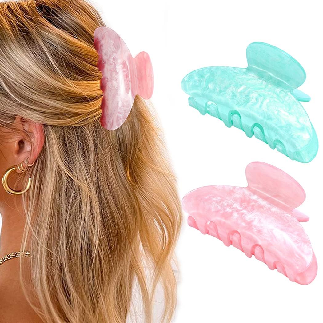 Acrylic Claw Clips Pink Medium Hair Claw Cute Hair Clips Hair Accessories for Women and Girls (2 PCS) (Pink+White)