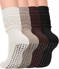 yeuG 4 Pairs Grip Pilates Socks for Women Yoga Slouch Socks with Grips for Barre Grippy Socks Long Scrunch Slipper Socks