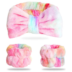 WSYUB Makeup Headbands, 1pcs Black Spa Headband Fluffy Bow Tie Headband Microfiber Face Headband, and 2Pcs Wrist Spa Wash Band Absorbent Wristbands, for Washing Face Skin Care