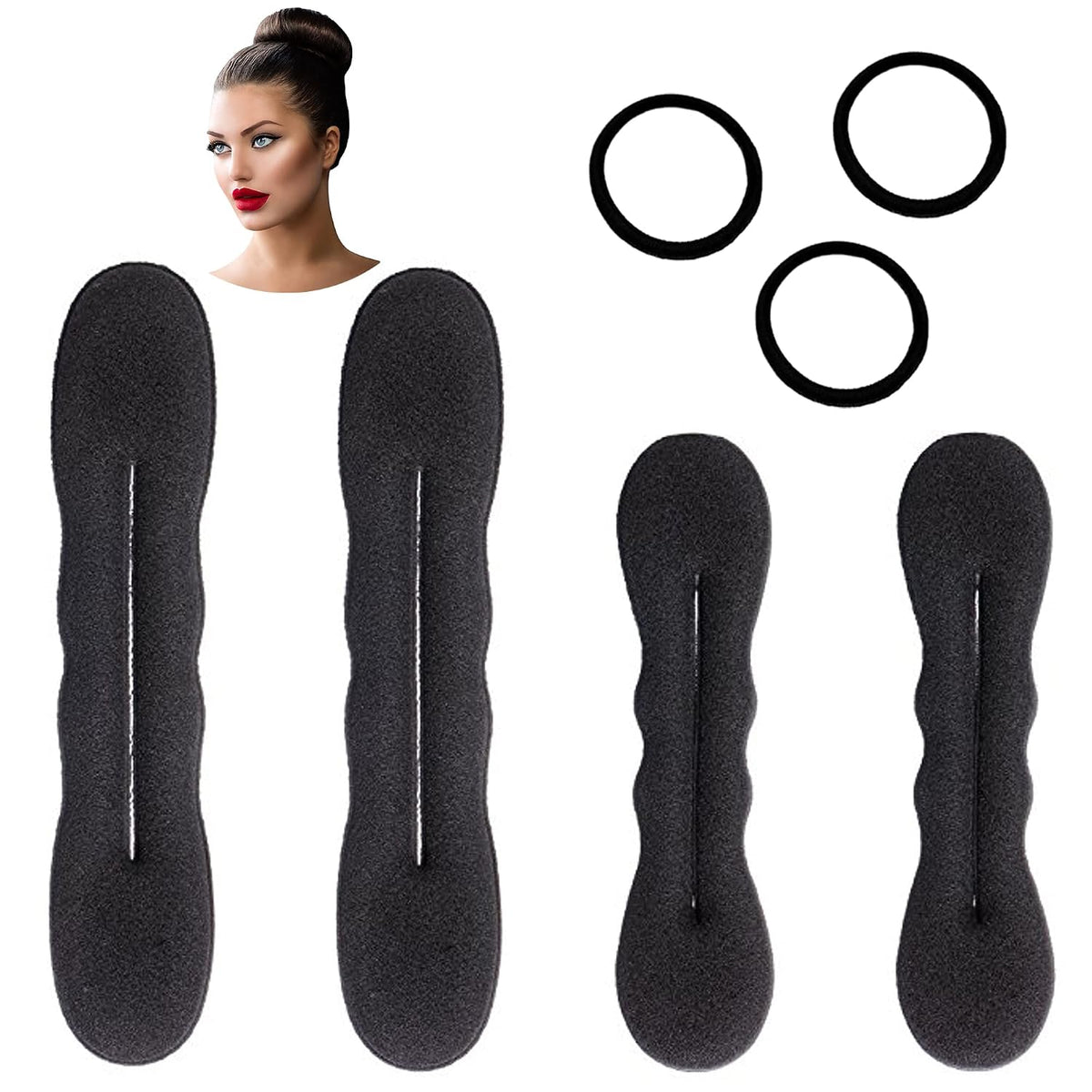Styla Hair Magic Bun Maker (2 Small, 2 Large) Foam Sponge Bun Shaper Hair Accessories (Brunette)