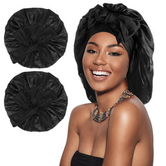 Arqumi 2 Pcs Satin Silk Bonnet for Sleeping Women, Large Long Strap Tie Band Adjustable Sleep Night Cap Hair Bonnet Wrap for Men, Black+Purple