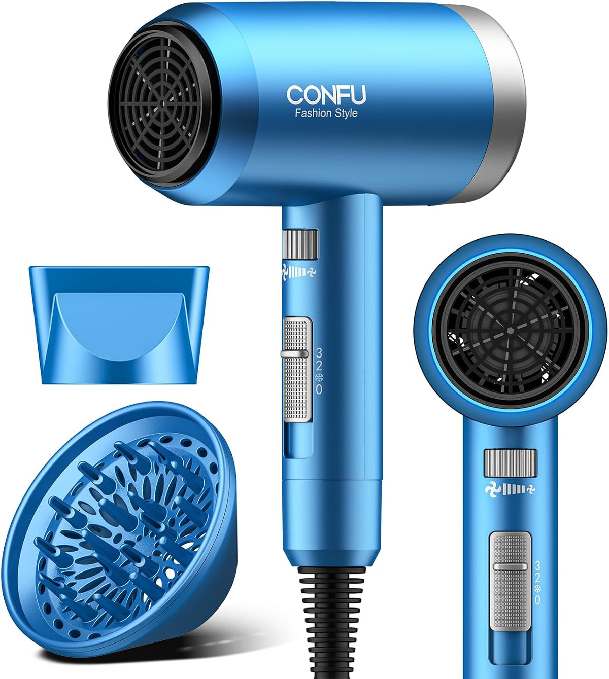 CONFU Ionic Blow Dryer 1600W, Portable Lightweight Fast Drying Negative Ion Hairdryer Blowdryer, 3 Heat Settings & Infinity Speed, with Diffuser and Concentrator Nozzle for Home & Travel