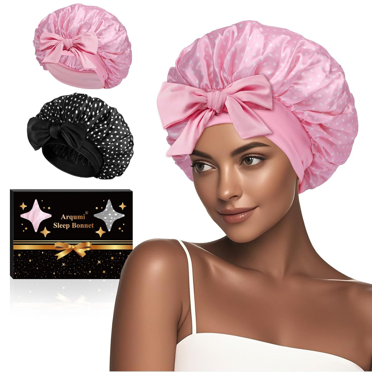 Arqumi 2 Pcs Satin Silk Bonnet for Sleeping Women, Large Long Strap Tie Band Adjustable Sleep Night Cap Hair Bonnet Wrap for Men, Black+Purple