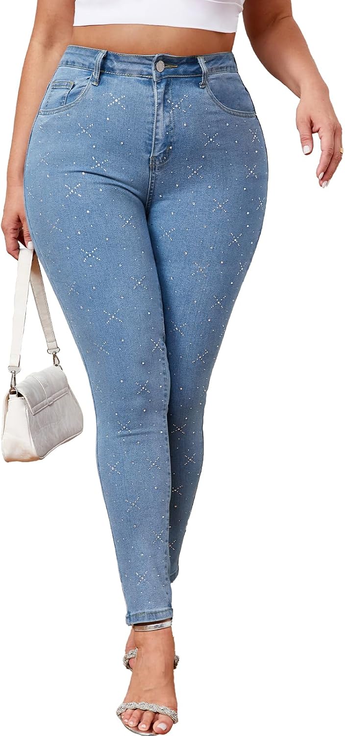 Plus Size Jeans Women Stretchy Skinny High Waisted Jeans Sparkly Rhinestone Sexy Butt Lifting Colombian Denim Pant