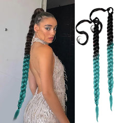 2 Packs Black Long Braided Ponytail Extension For Black Women Soft Synthetic Hair Piece For Women with Hair Tie Straight Wrap Around Ponytail Braided Hair Extensions pre Stretched 30 Inch