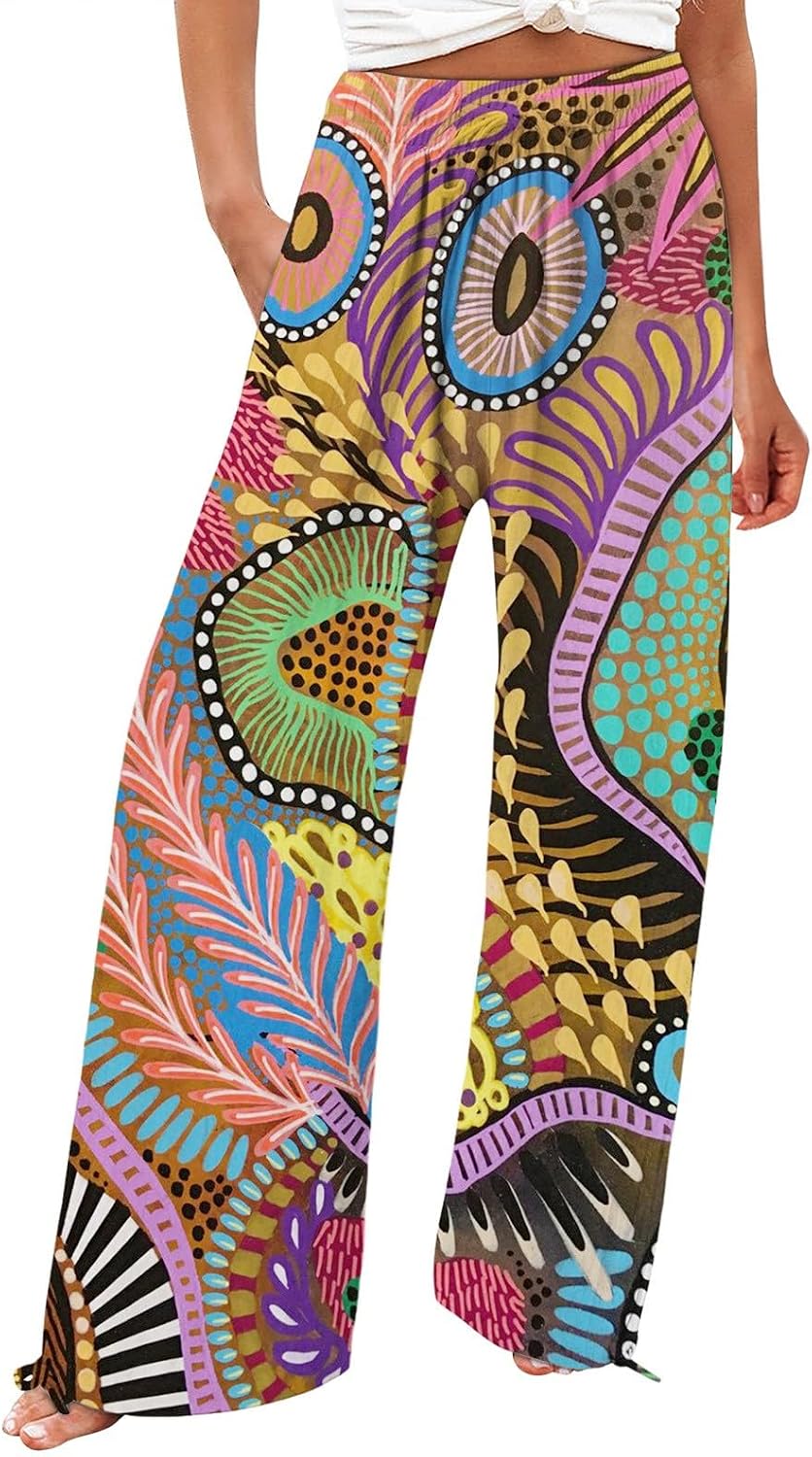 Floral Print Pants for Women High Waisted Business Work Casual Wide Leg Linen Pants Loose Flowy Summer Beach Trousers