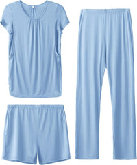 SUNNYBUY Womens Maternity Nursing Pajamas Set, Short Sleeve Breastfeeding Shirts，Pregnancy Shorts & Pants 3 Piece Nursing PJS