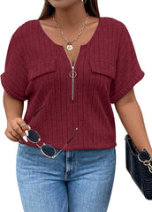 Viracy Plus Size Top for Women Short Sleeve Blouses Zip-up V Neck Top Womens Fashion 2025 Trendy Casual Work Shirt 1X-5X