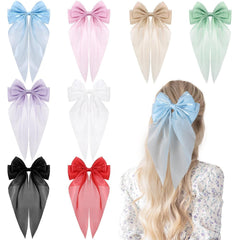 VOBOBE Hair Bow Clip, 8Pcs Big Satin Layered Hair Accessories for Women Girls, 8 Inch Barrette Hair Clip, Long Black Ribbon Bows, French Style, 8 Count