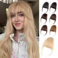 Clip in Bangs, 100% Real Human Hair Natural Black Fake Bangs Clip in Hair Extensions French Bangs Fringe with Temples Hairpieces for Women Curved Curtain Bangs for Daily Wear