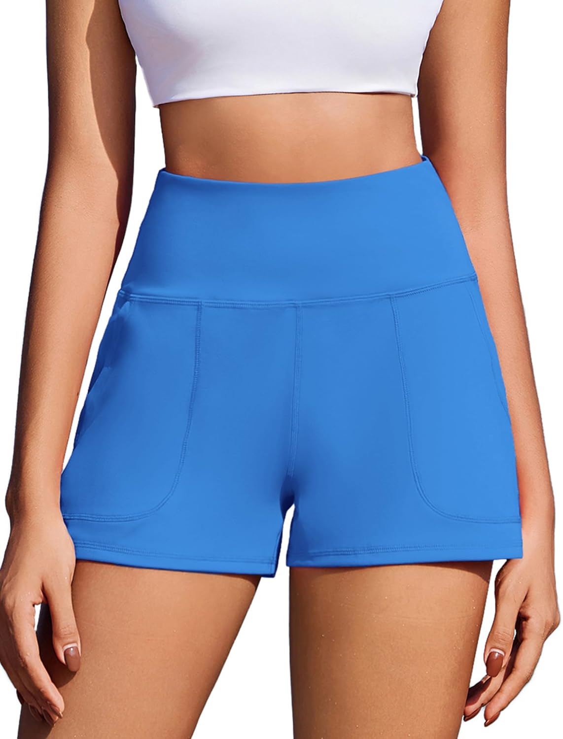 PINSPARK Workout Shorts Women Wide Leg Athletic Shorts High Waisted Yoga Shorts Tummy Control Gym Short with Pockets
