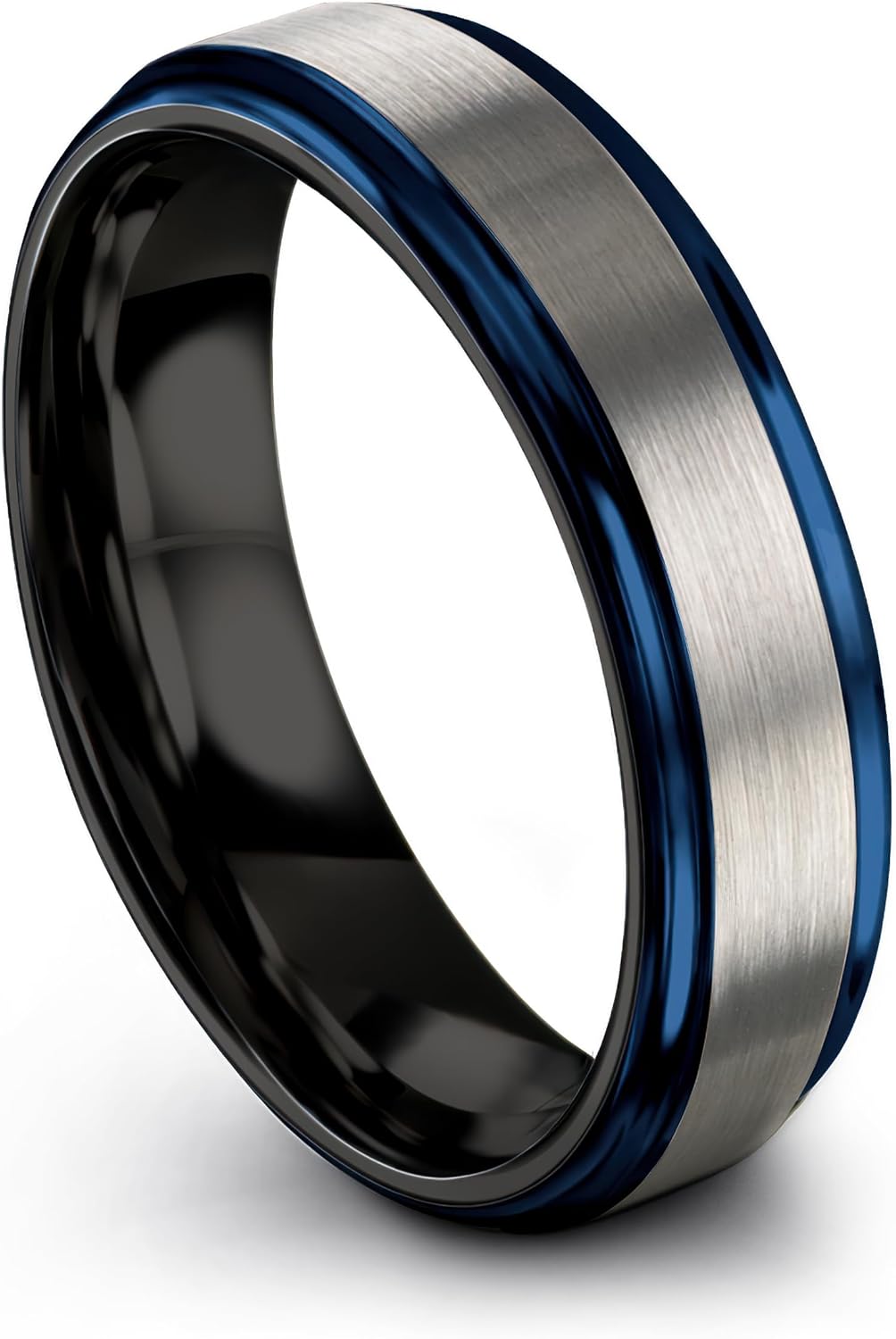 Tungsten Carbide Wedding Band Ring 10mm 8mm 6mm for Men Women Blue Black Interior with Step Flat Edge Brushed Polished Personalized Custom Engraving Anniversary Engagement