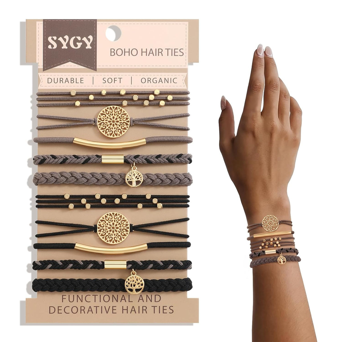 10 Boho Bracelets, Braided & Stretch Hair Ties for Thick/Thin Hair, 5 Styles, Light Coffee Colors - No Damage Ponytail Holders