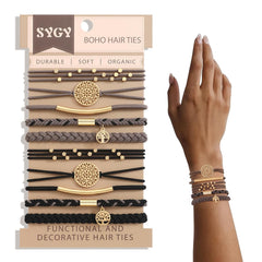 10 Boho Bracelets, Braided & Stretch Hair Ties for Thick/Thin Hair, 5 Styles, Light Coffee Colors - No Damage Ponytail Holders