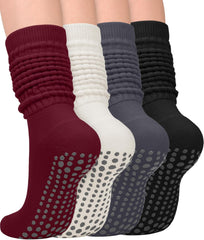 yeuG 4 Pairs Grip Pilates Socks for Women Yoga Slouch Socks with Grips for Barre Grippy Socks Long Scrunch Slipper Socks