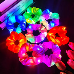 8PCS Light up Scrunchies for Girls, Glow in the Dark Party Supplies, 3 Glow Mode Satin Scrunchy, LED Hair Accessories for Birthday Party, Rave Party, Festival & Sleepover Party