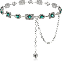 Women Western Concho Chain Belt Vintage Rhinestone Gems Boho Metal Waist Chain Jeans Dress Daily Concert Halloween