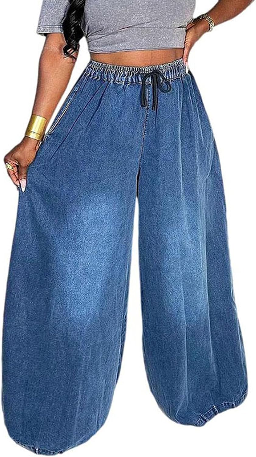 SEMATOMALA Women's Wide Leg Baggy Jeans Drawstring Elastic Waist Plus Size Palazzo Denim Pants