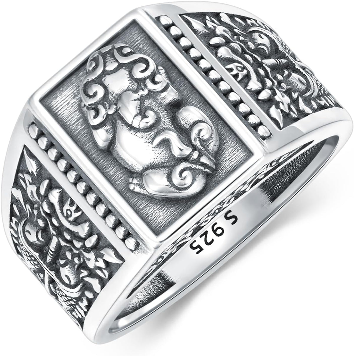 Feng Shui Pixiu Mantra Sterling Silver Attracting Wealth Amulet Lucky Protection Wealth Buddhist Jewelry Feng Shui Ring for Men & Women