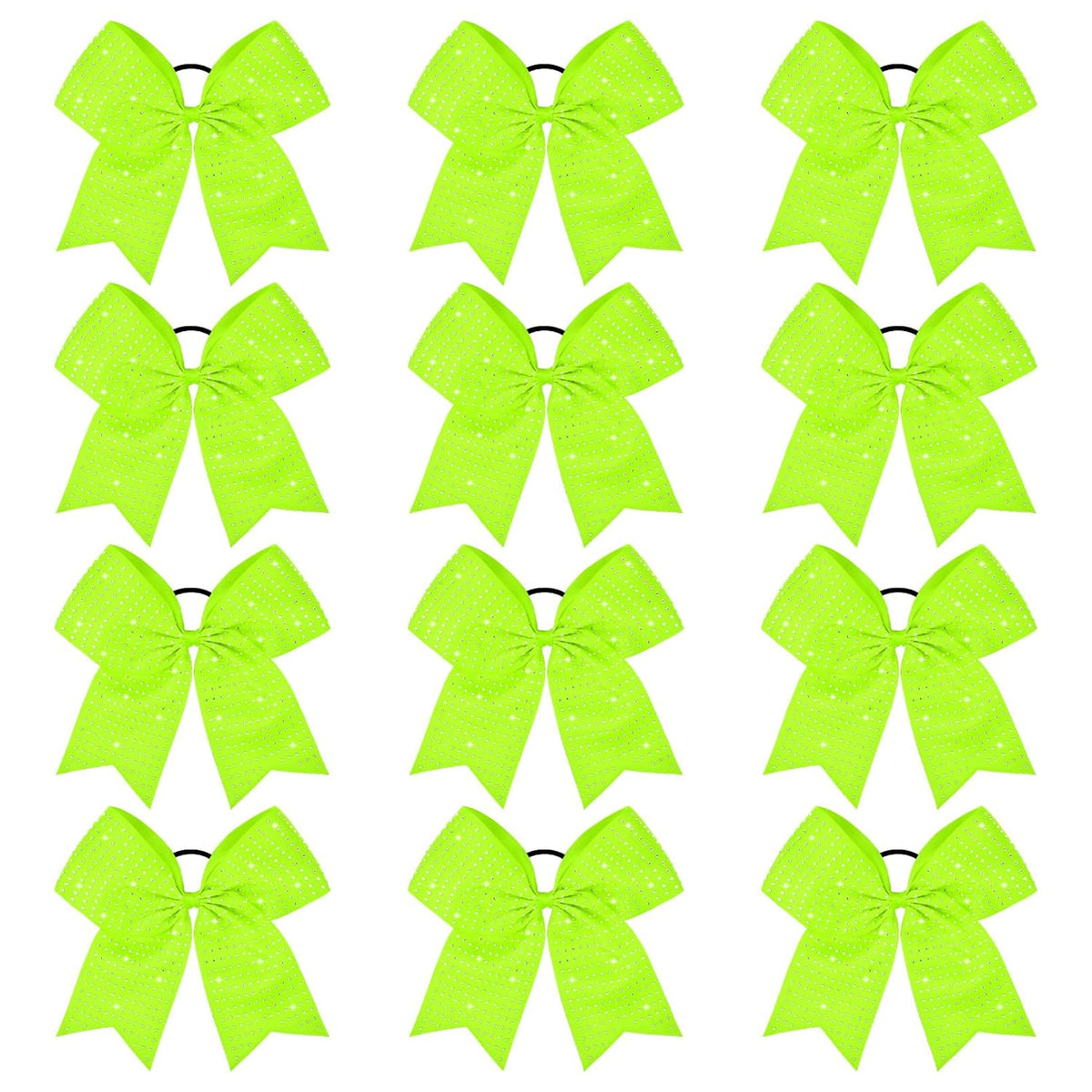 CEELGON 12 PCS Neon Green Glitter Cheer Bows Large 8” Full Rhinestones Shiny Cheer Bow Elastic Hair Tie Bows for Teens Girls Softball Competition Sports Cheerleaders (Neon Green)