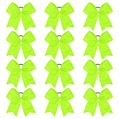 CEELGON 12 PCS Neon Green Glitter Cheer Bows Large 8” Full Rhinestones Shiny Cheer Bow Elastic Hair Tie Bows for Teens Girls Softball Competition Sports Cheerleaders (Neon Green)