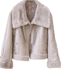 Women Vintage Loose Thicken Warm Faux Leather Jacket Winter Spliced Single Breasted Fur Outwear