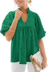 MASCOMODA Womens Summer Tops 2025 Ruffle V Neck Blouses Loose Puff Short Sleeve Jacquard Babydoll Tops Casual Dressy T-Shirts