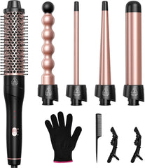 5 in 1 Curling Iron with Thermal Brush and 4 Interchangeable Ceramic Barrels(1/2 to 1 1/2 inch), Curling Wand Set with Flat Iron, Fast Heating, Dual Voltage Hair Curler, Gifts for Women