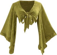 Women's Going Out Tops Western Country Concert Outfits Tie Front Boho Tops Long Bell Sleeve 70s Hippie Disco Clothes