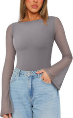 REORIA Women's Trendy Sexy Boat Neck Bell Sleeve Sheer Mesh Going Out Bodysuit Tops