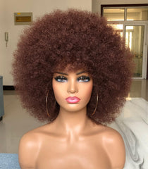 Short Afro Wig with Bangs for Black Women Afro Kinky Curly Wig 70s Premium Synthetic Big Afro Wigs(Blonde,Cap size:22.5-23inch)