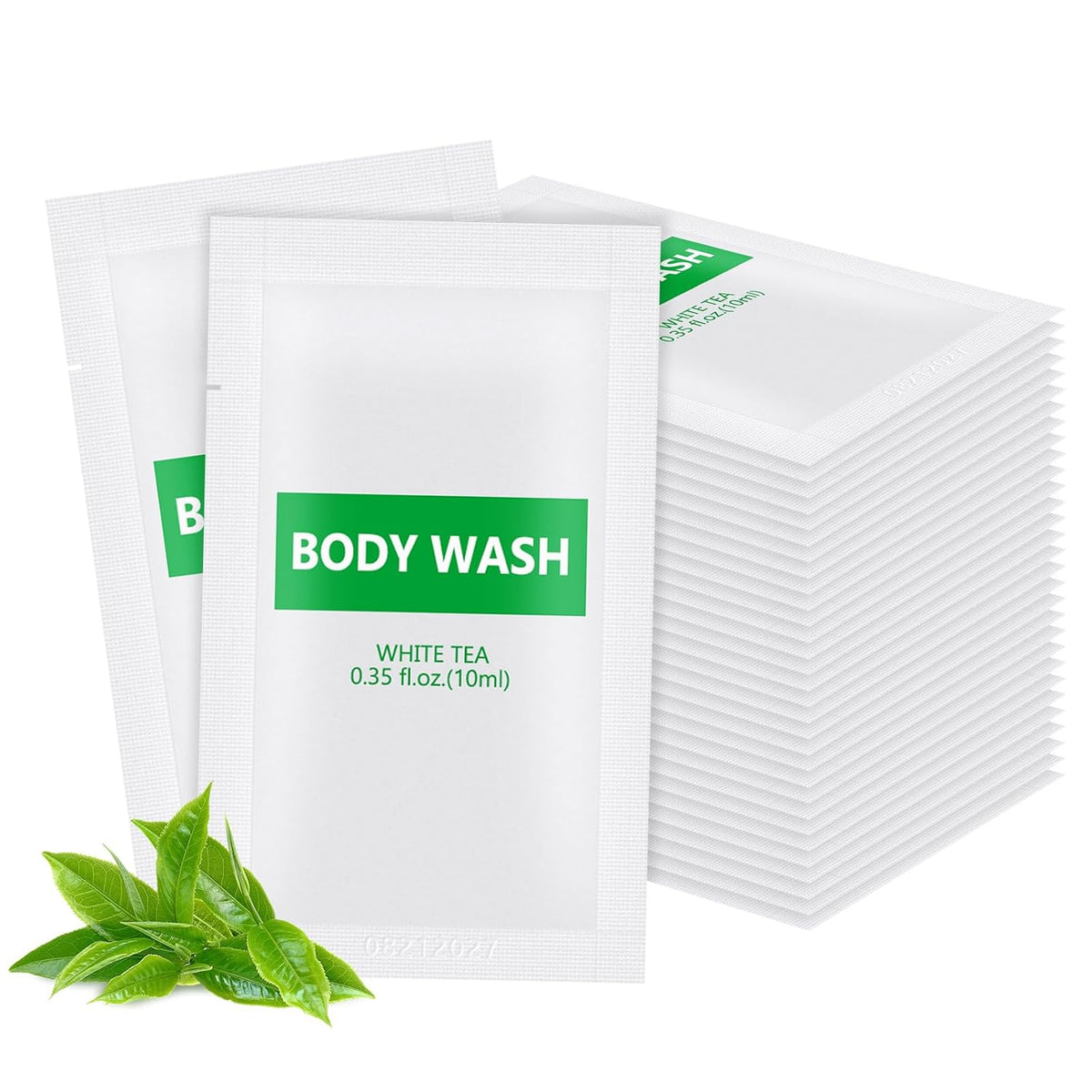 30 pack Travel Size Body Wash Bulk Individually Wrapped - Refreshing Mini Shower Gel Single Use Supplies for Homeless Care Hotel Guests, White Tea Scent,0.35 fl oz/10ml