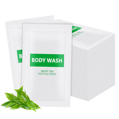 30 pack Travel Size Body Wash Bulk Individually Wrapped - Refreshing Mini Shower Gel Single Use Supplies for Homeless Care Hotel Guests, White Tea Scent,0.35 fl oz/10ml