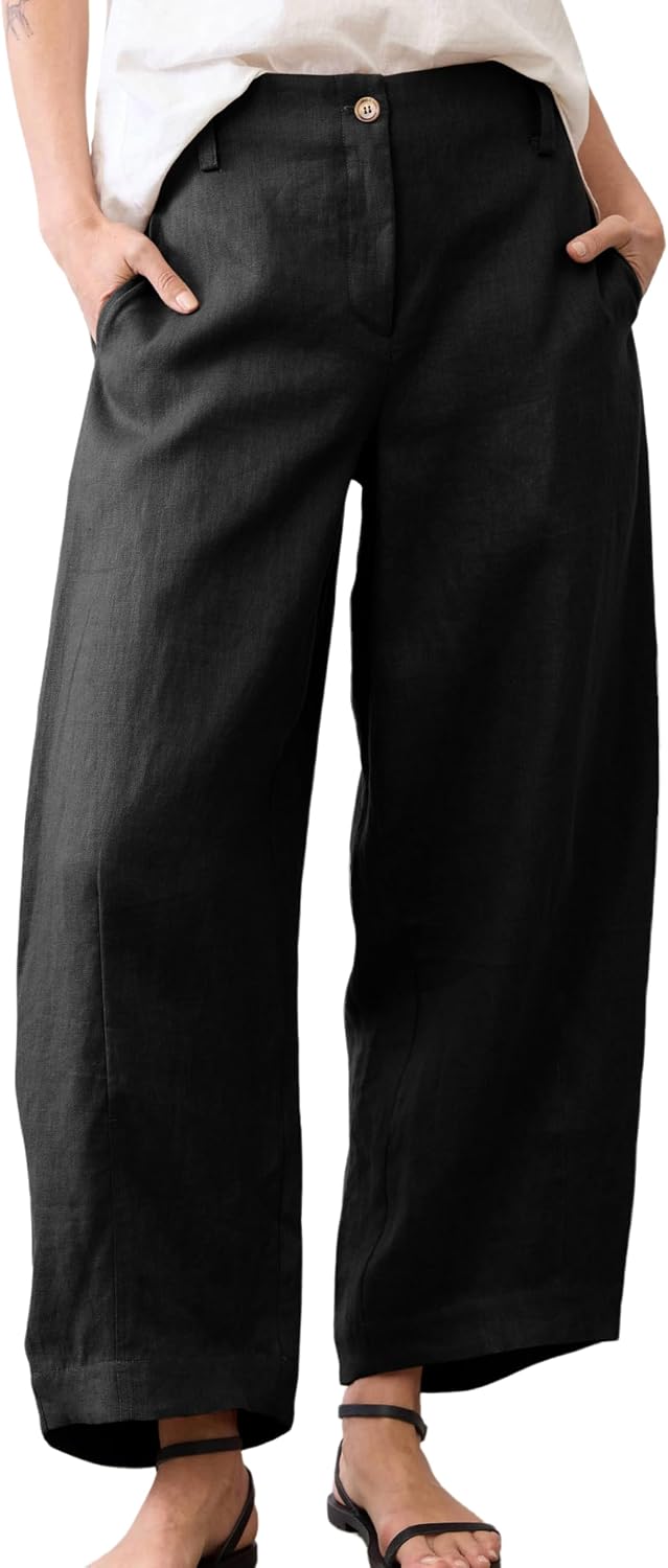 Huaqiao Womens Linen Palazzo Pants Elastic Waist Button Down Casual Wide Leg Trousers with Pockets