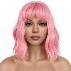 Pastel Bob Wigs with Bangs for Women Loose Wavy Wig Pastel Wavy Shoulder Length Bob Synthetic Cosplay Wig for Girl Colorful Costume Wigs (Pink)