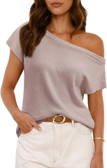 Saodimallsu Womens Off One Shoulder Sweater Tops Summer Short Sleeve Casual Loose Knit Trendy Going Out Tops