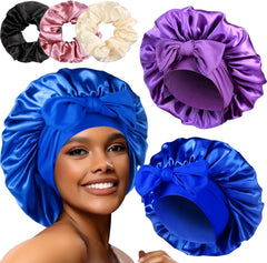 2+3 Large Satin Bonnets with Scrunchies for Women, Hair Bonnet Sleeping Tie Bonnet for Braids Curly Hair