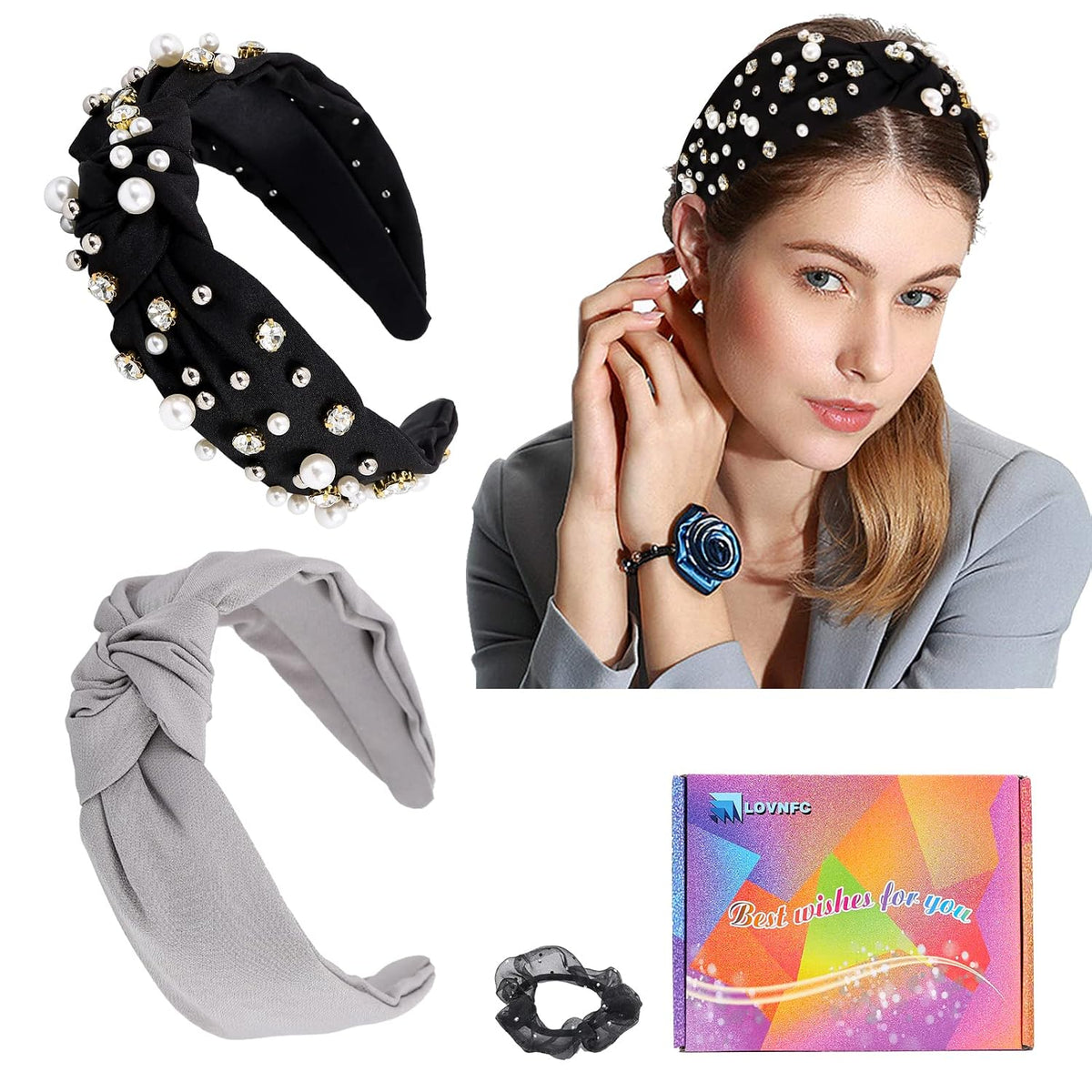 LOVNFC Womens Headbands, 6Pcs Knotted Head Bands No Slip Fashion for Girls Wide Top Knot Turban Velvet Hair Hoops